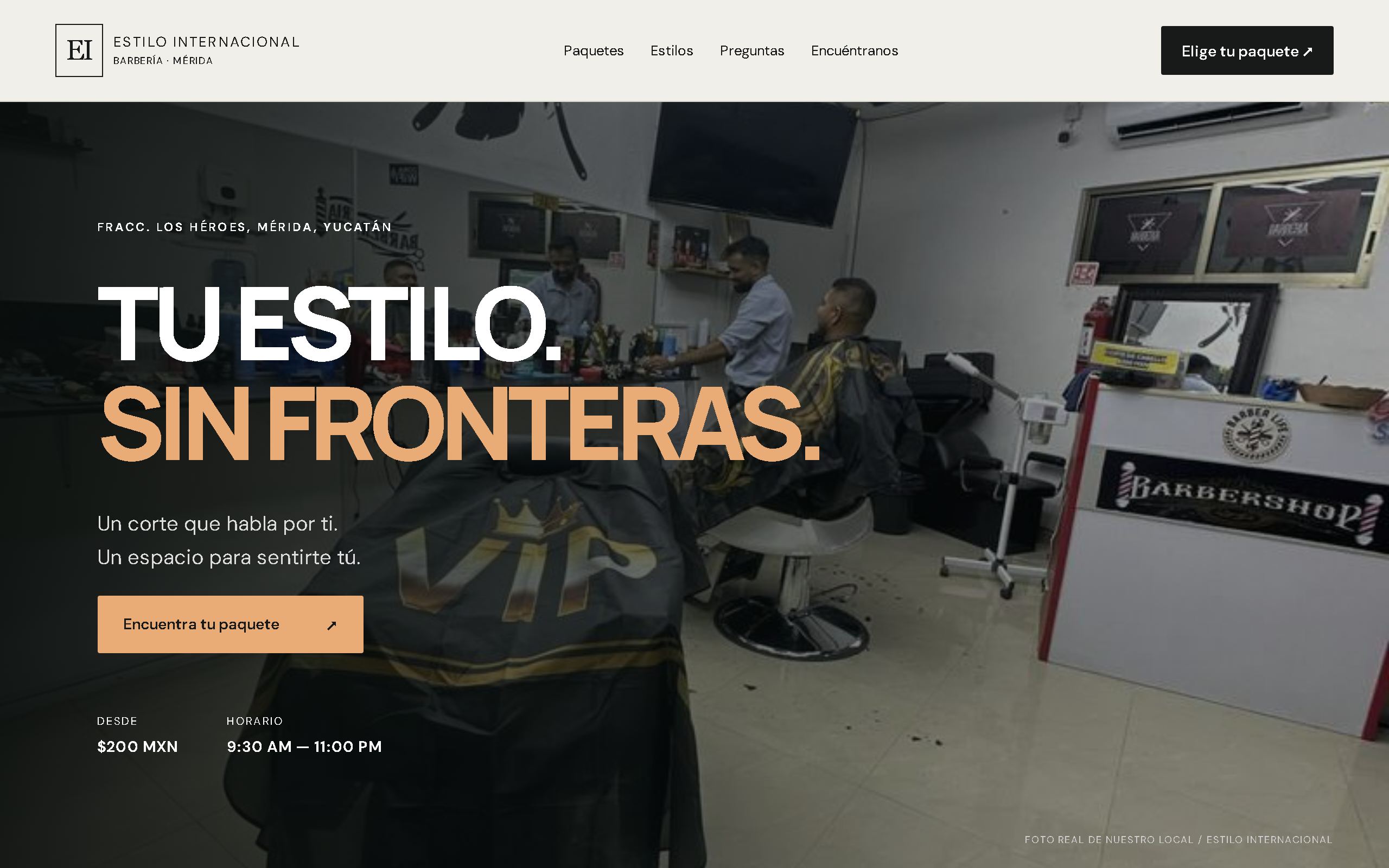 The barbershop's page on a computer, in Spanish