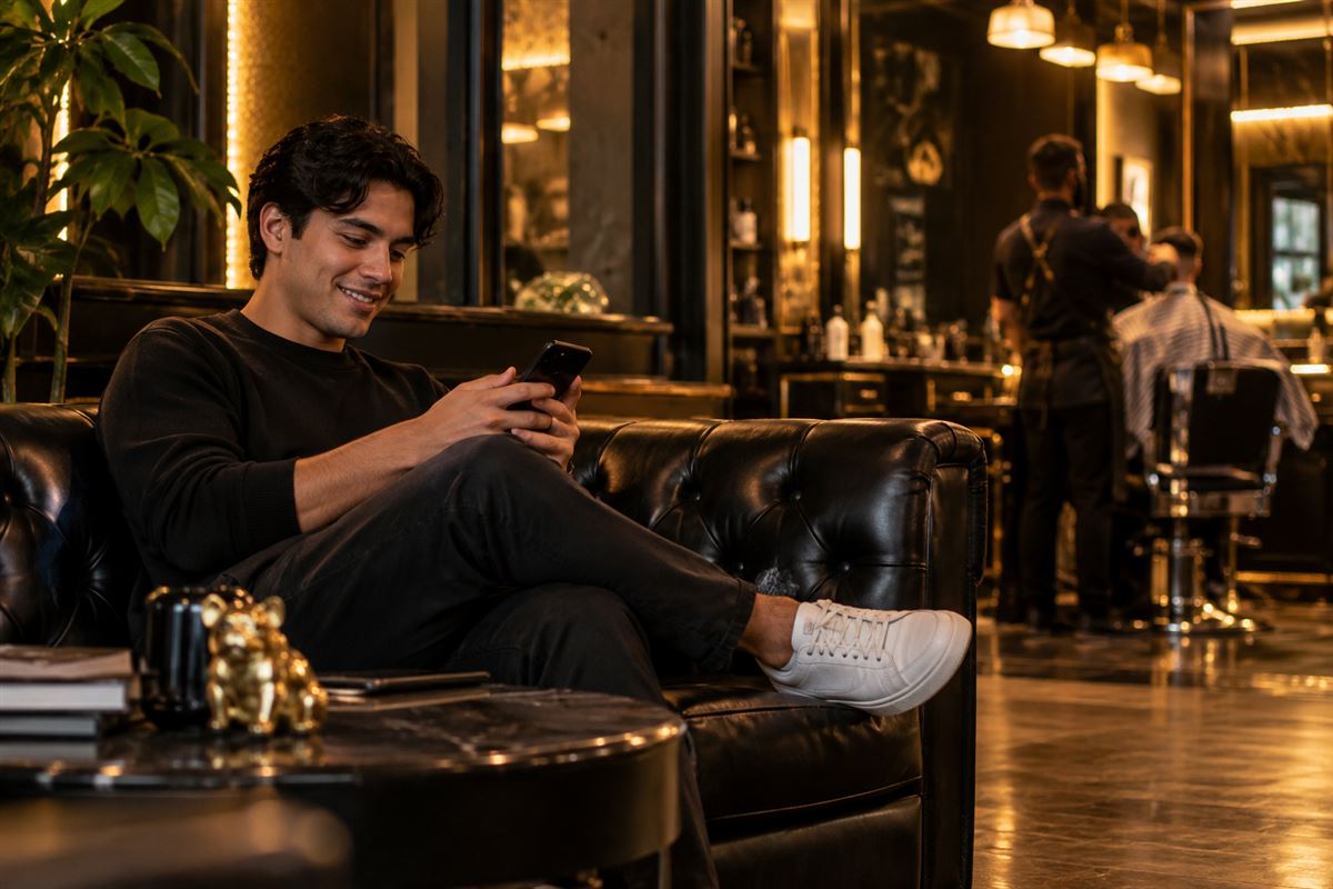 Illustration of a smiling client on a leather sofa checking his phone while a barber works in the background