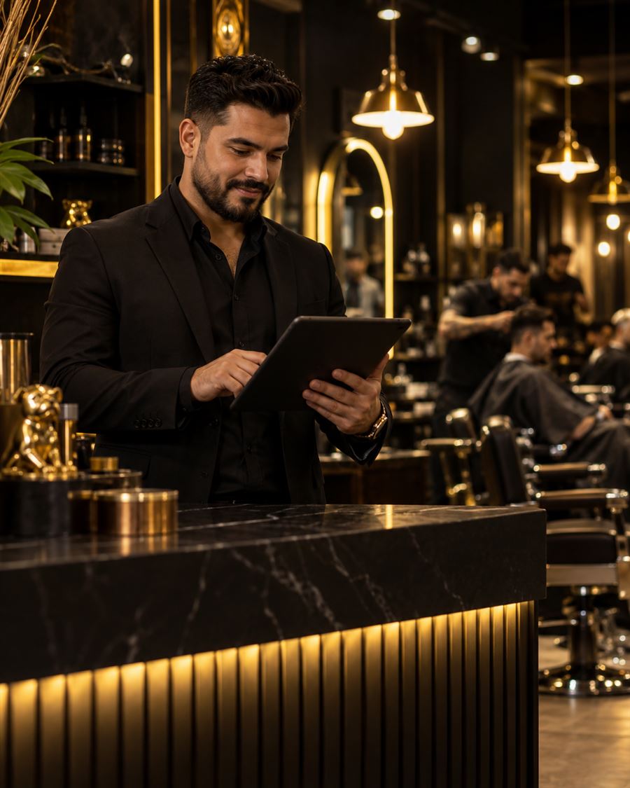 Illustration of a barbershop owner checking a tablet at the front counter