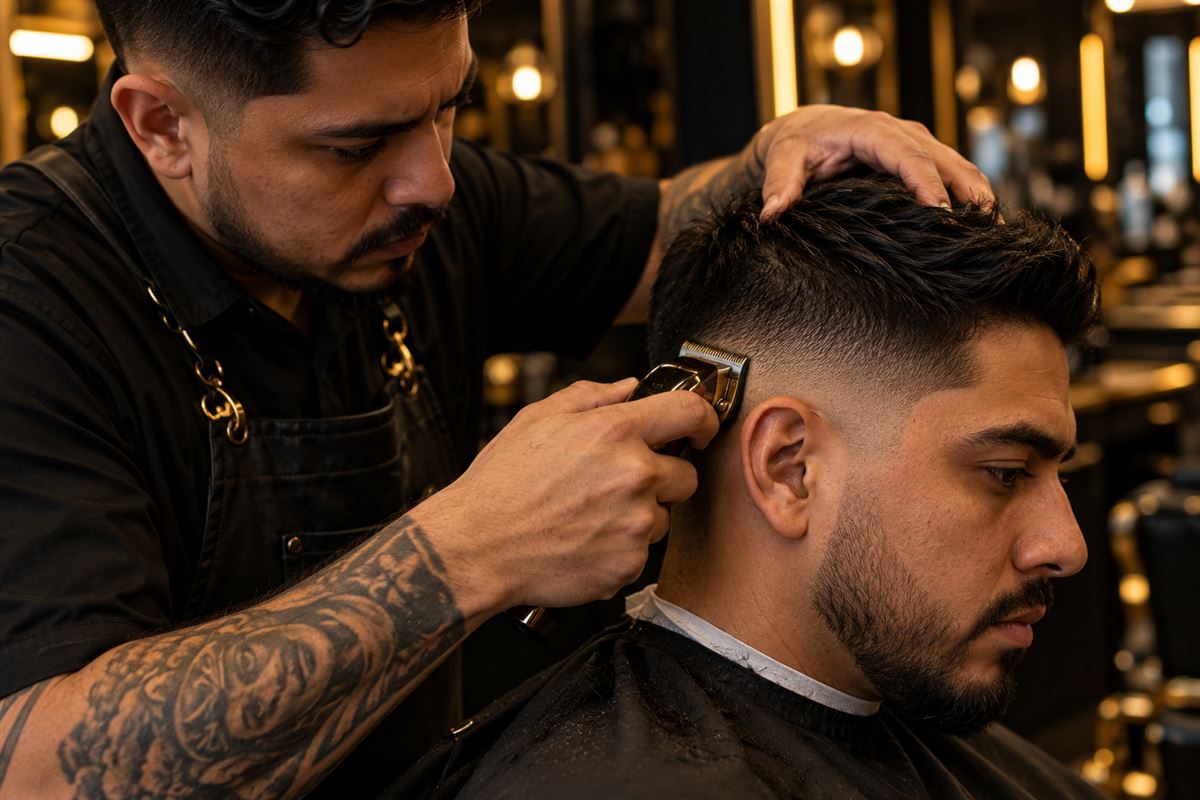 Illustration of a tattooed barber giving a bearded client a fade with clippers