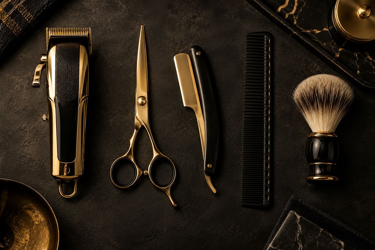 Illustration of gold barber tools on a dark table: clippers, scissors, straight razor, comb and shaving brush
