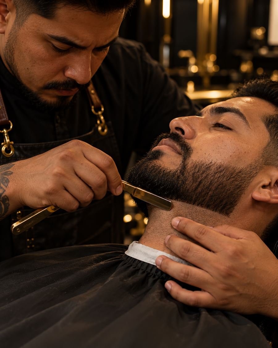 Illustration of a barber lining up a client's beard with a straight razor