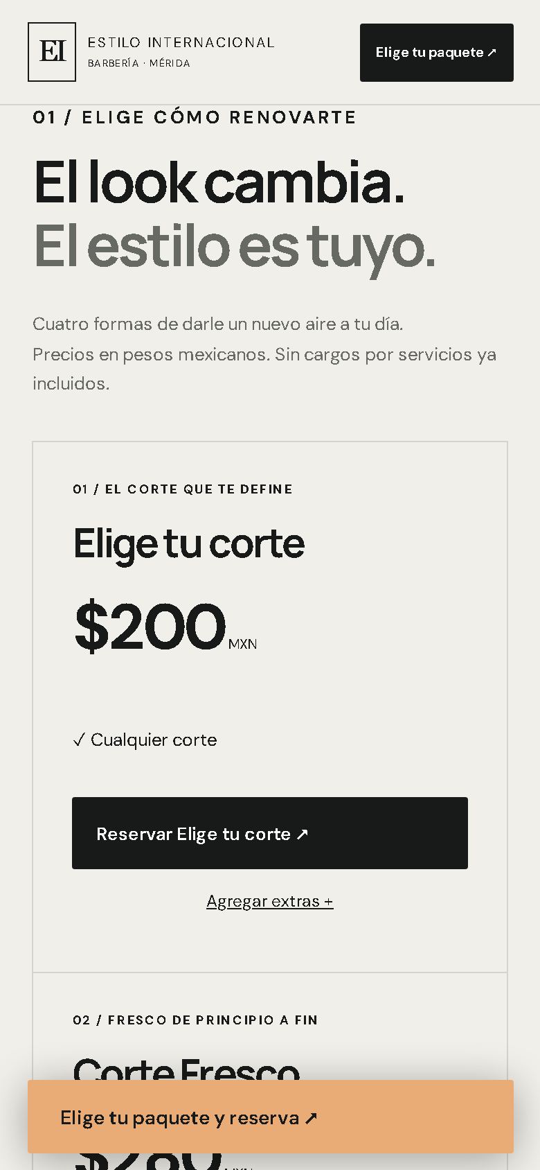 The barbershop's packages and prices, in Spanish
